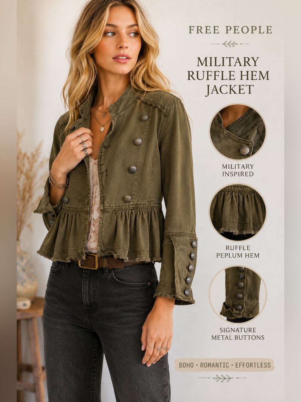 Free People Olive Military Peplum Jacket XS Boho Cropped Ruffle Hem Utility Coat